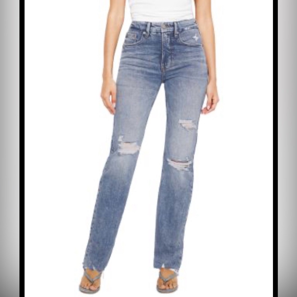 Good American Icon 10 30 Classic Blue Distressed Ripped Straight Jeans 32L